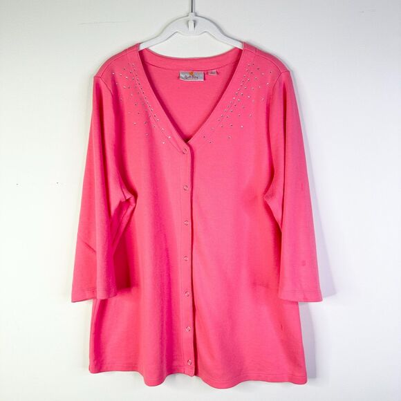 Quacker Factory Twin Set Women L Pink Cotton Embellished Beach Chair Y2K Vintage - Picture 2 of 11